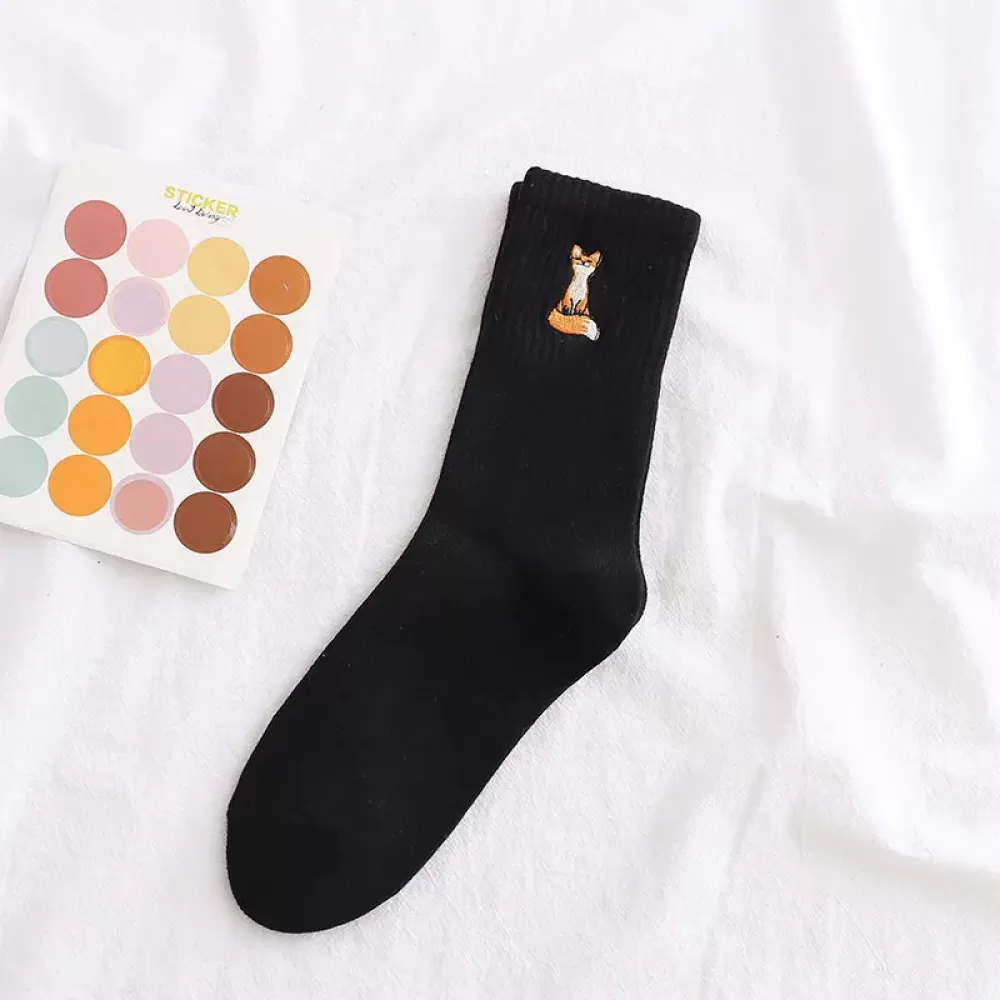 Happy Fox Embroidery Cotton Socks – Harajuku Style for Women - Black