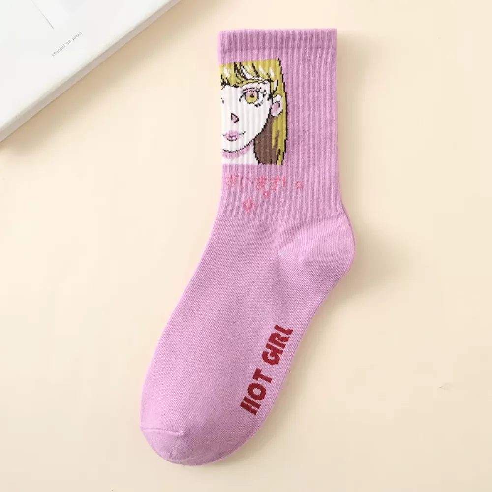 Japanese Ins Comics Tide Socks – Mid-Tube Skateboard Style Illustration for Women - Purple