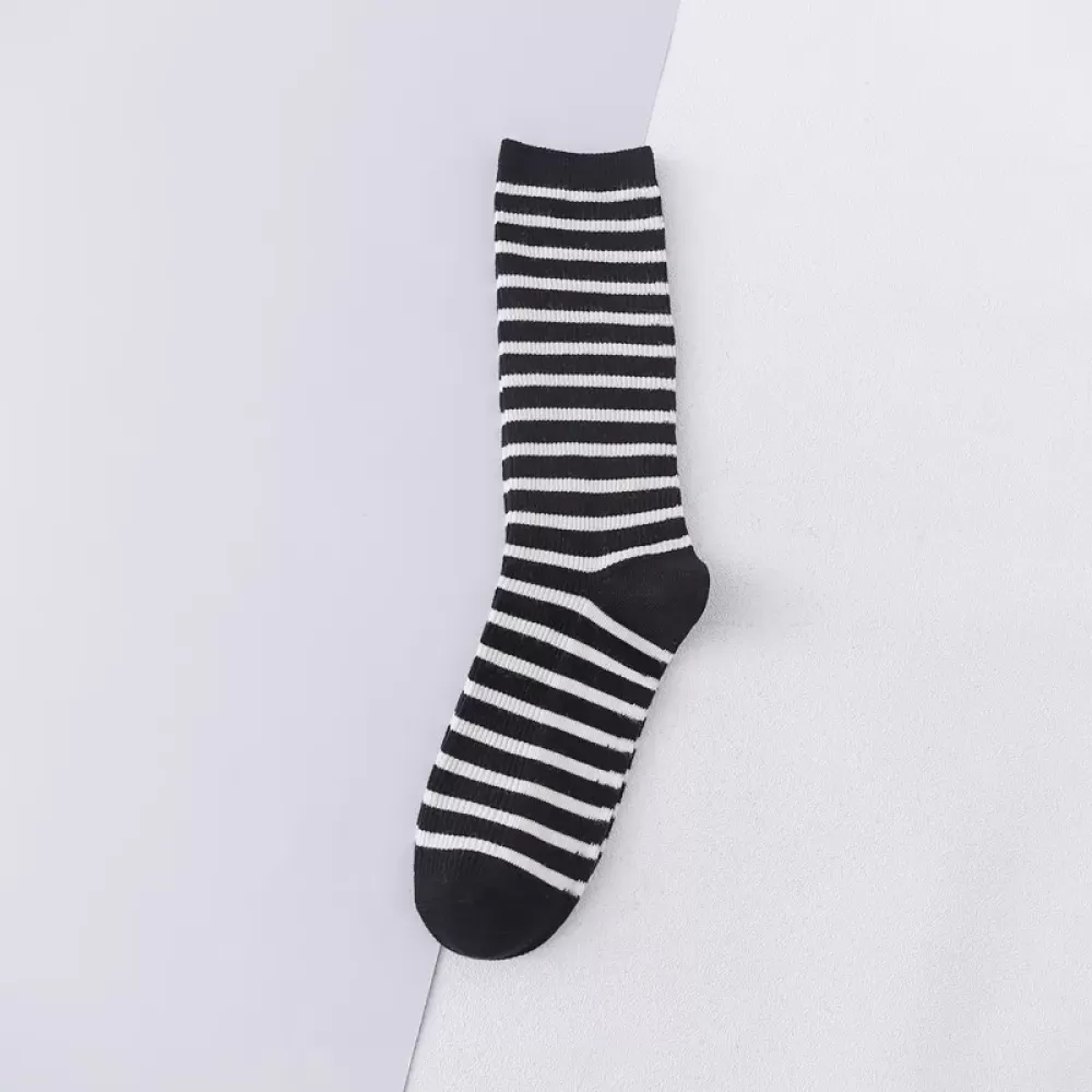 Korean Style Striped Middle Tube Socks – Casual Cotton Comfort for Women - Black