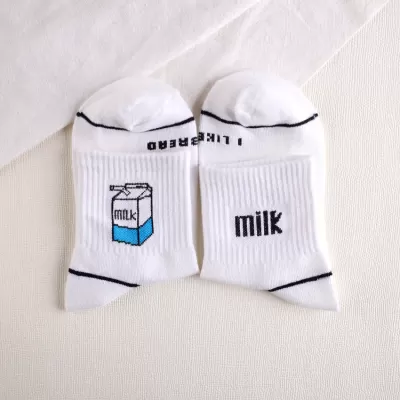 Milk Cartoon Character Ankle Socks - White Cream