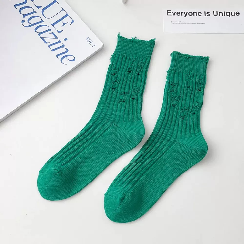 Pure Cotton Breathable Hole Socks – Retro Loose Korean-Japanese Style - Green