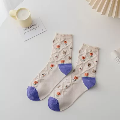 Purple Floral Mid-Tube Socks – Sweet Japanese Harajuku Style - White kawaii design 4