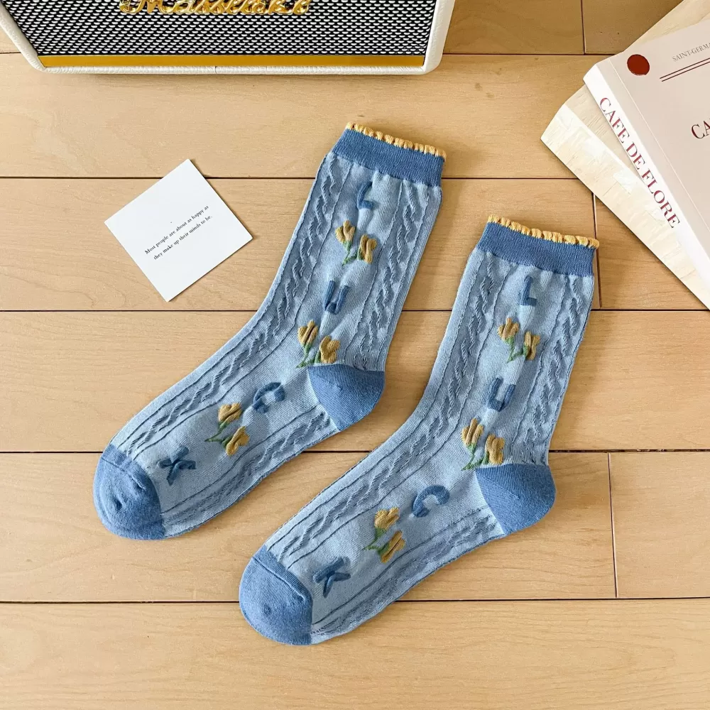 Retro Women’s Long Socks – Japanese Vintage Fashion with Floral Embroidery - Kawaii blue design 1