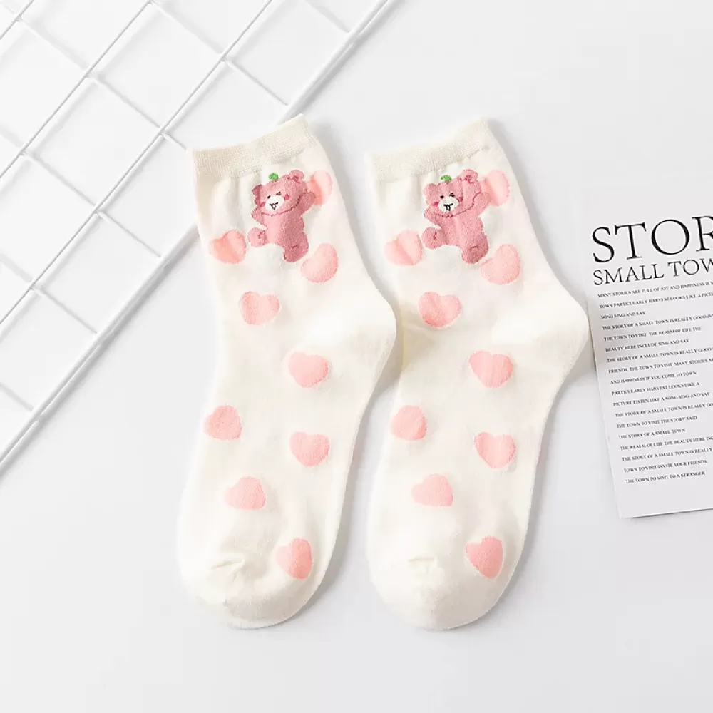 Spring-Summer Strawberry & Bear Socks – Cute, Kawaii Harajuku Style - White