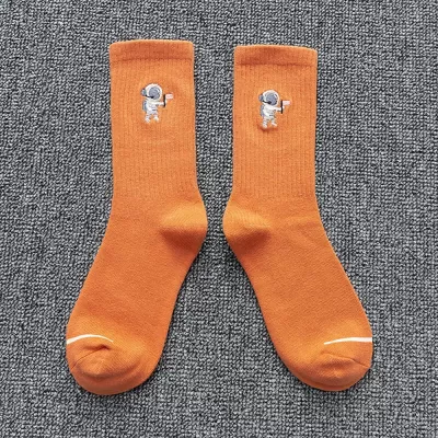 Stellar Embroidered Astronaut Socks – Unisex Cotton Comfort for Couples - Orange