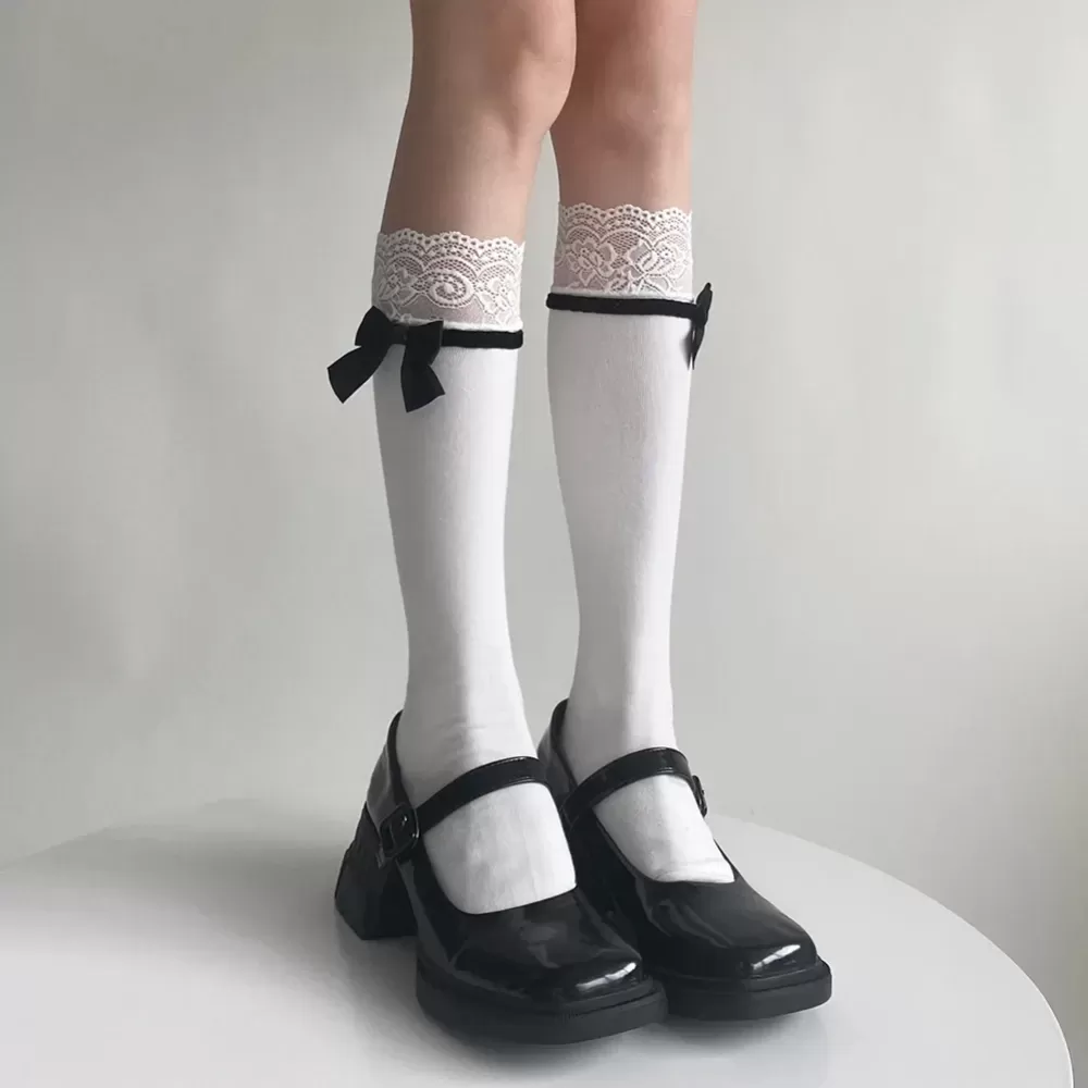 Sweet Elegance: JK Lolita Lacework Ruffle Knee Socks for Women - White