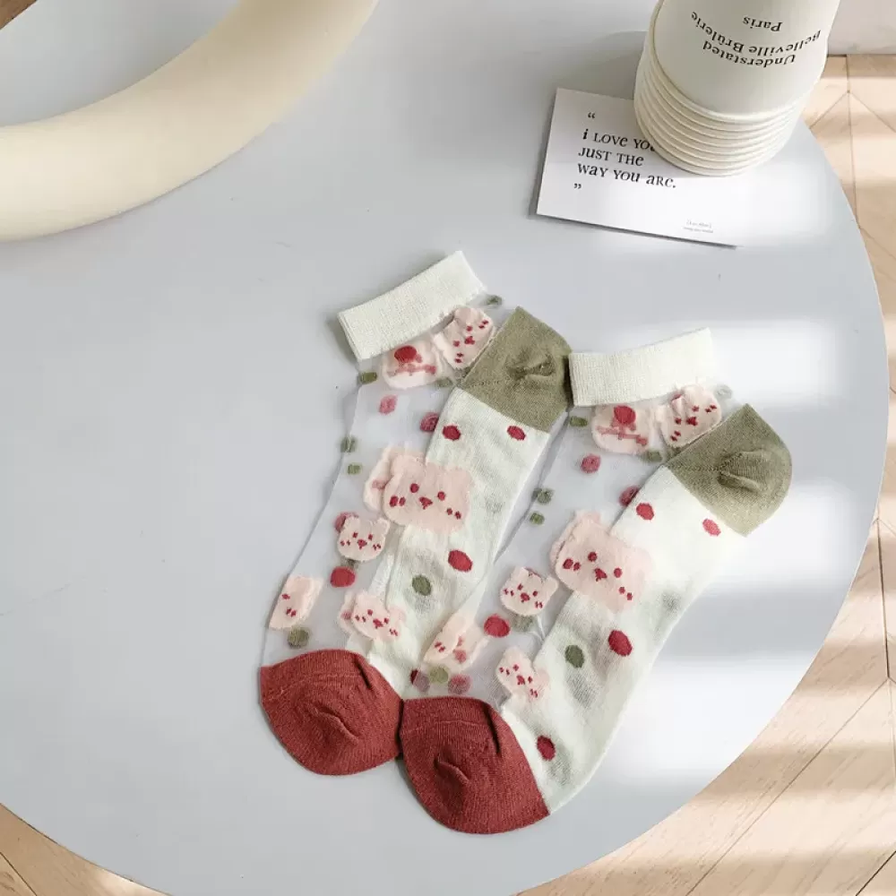 Sweet Little Flower Bear Boat Socks – Japanese Harajuku Style Transparent Thin Socks - Kawaii sheer design 4