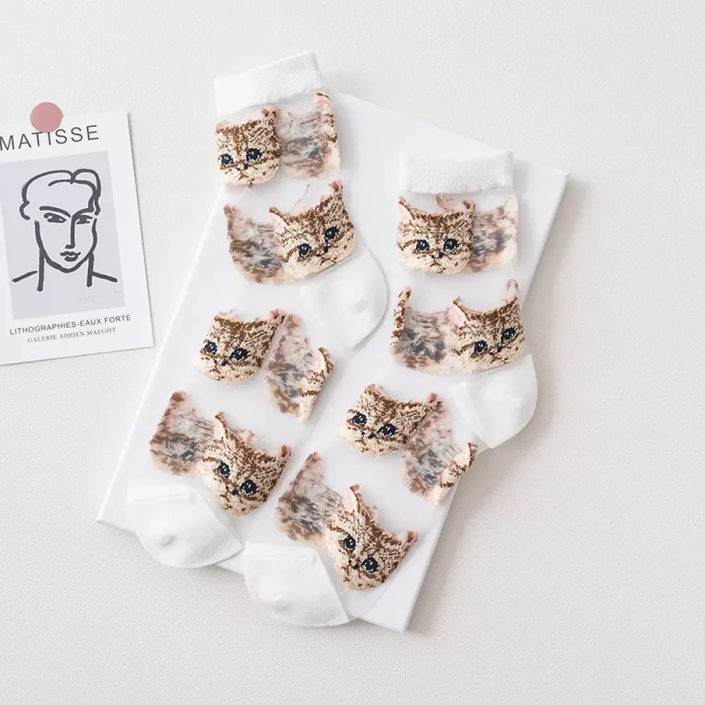 Transparent Cat Crystal Silk Socks – Korean Fashion, Summer Thin - White