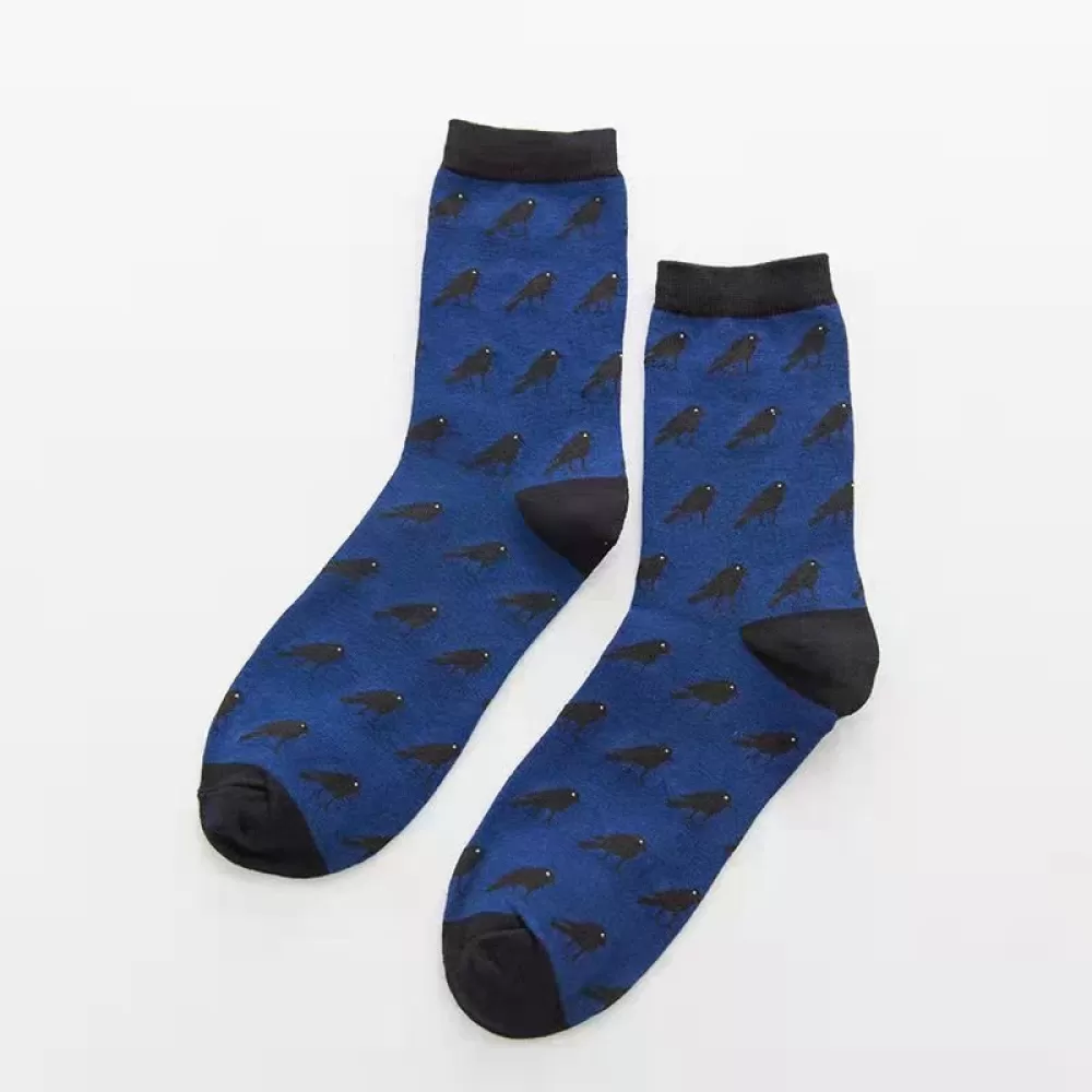 Trendy Korean Cartoon Crow Men’s Socks – Breathable Cotton - Blue