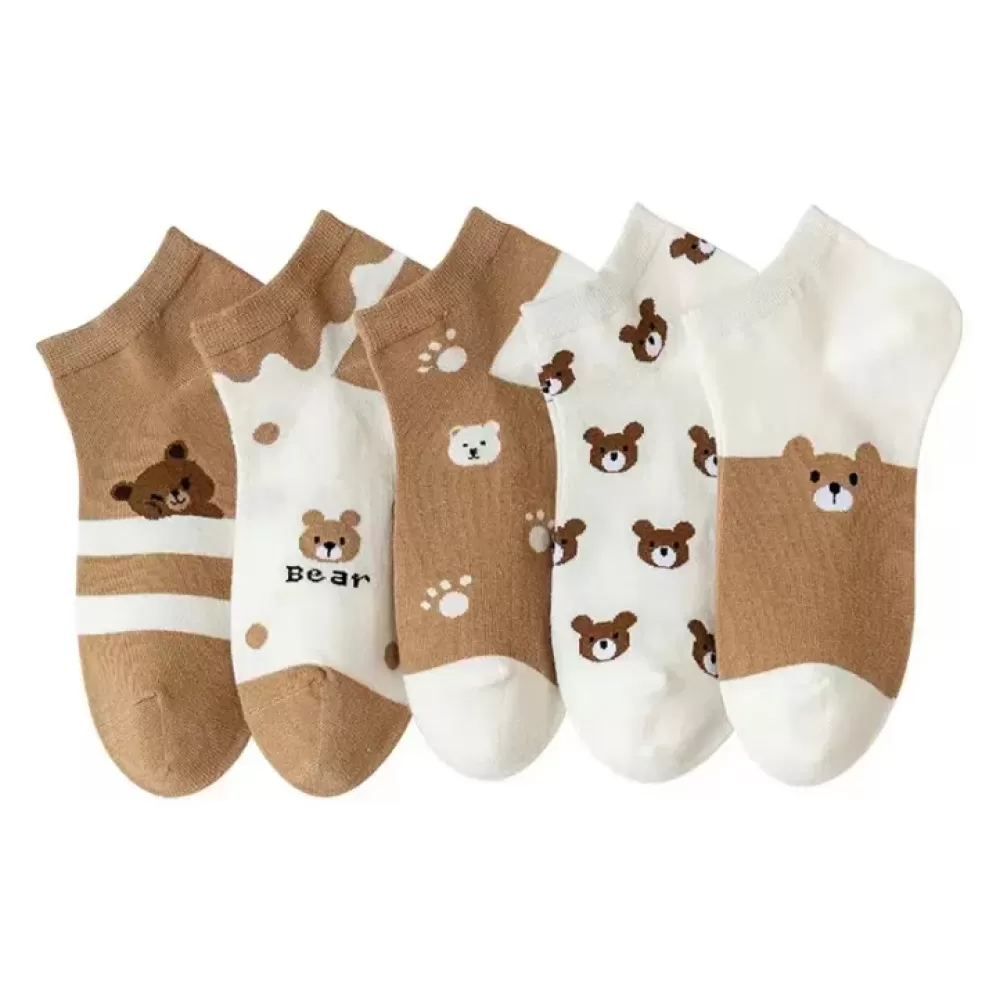 Avocado Delight: Kawaii Ankle Socks Set - White Coffee Bear