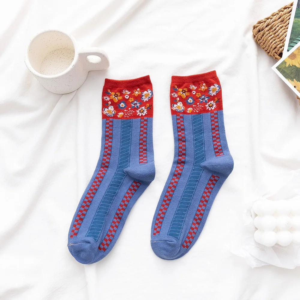 Botanical Chic: Korean Harajuku-Inspired Floral Crew Socks - Blue