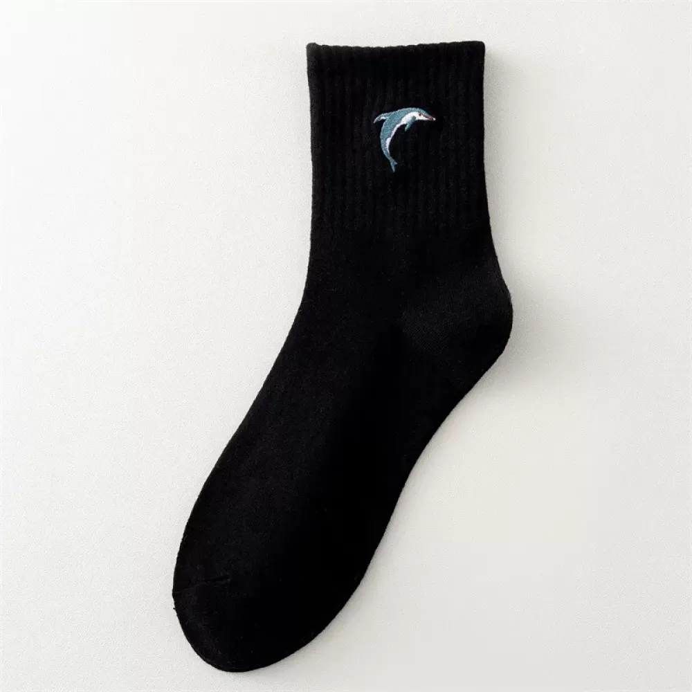 Charming Dolphin Embroidery Socks – Harajuku Style - Black