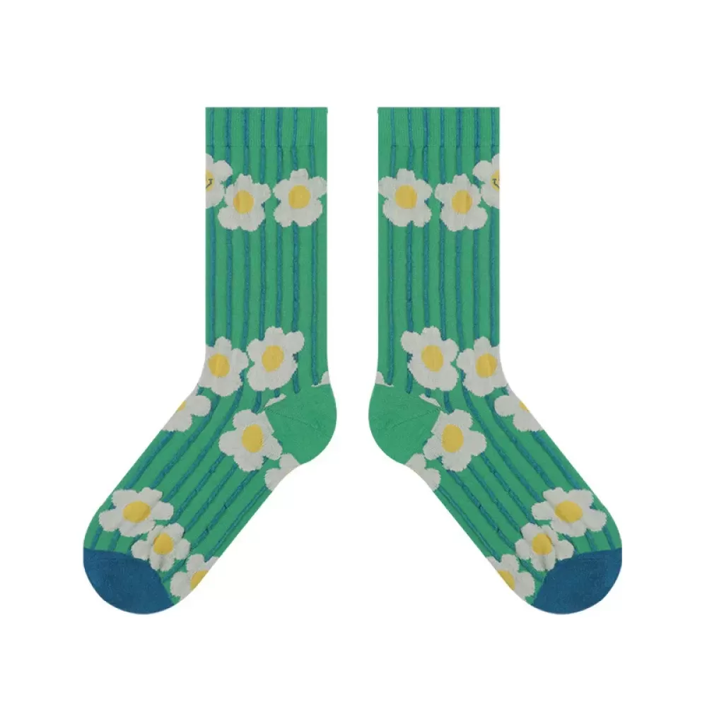 Charming Floral Cotton Socks with Unique Texture – Fashionable Illustration Design - Green