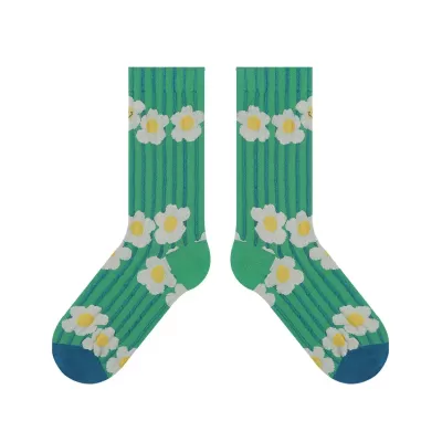 Charming Floral Cotton Socks with Unique Texture – Fashionable Illustration Design - Green