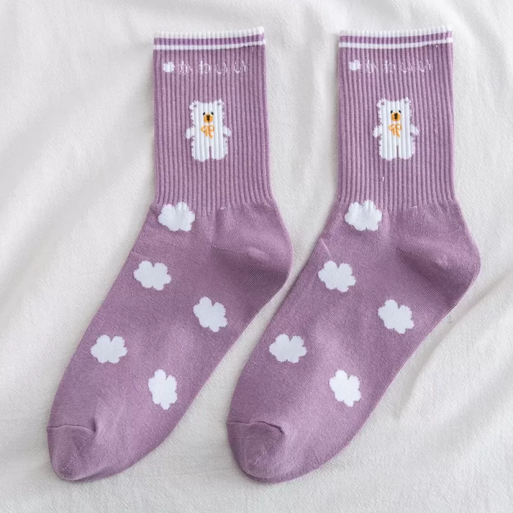 Charming Purple Bear Cotton Socks – Fashionable, Comfy & Cute - Purple design 1