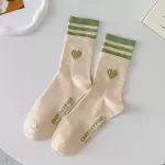 Chic Striped Love Heart Long Socks – Winter Cycling Cotton Warmers in Korean Kawaii Style - Beige