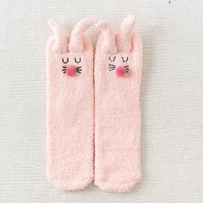 Cozy 3D Rabbit Ears Fuzzy Slipper Socks – Winter Warmth & Comfort - Pink