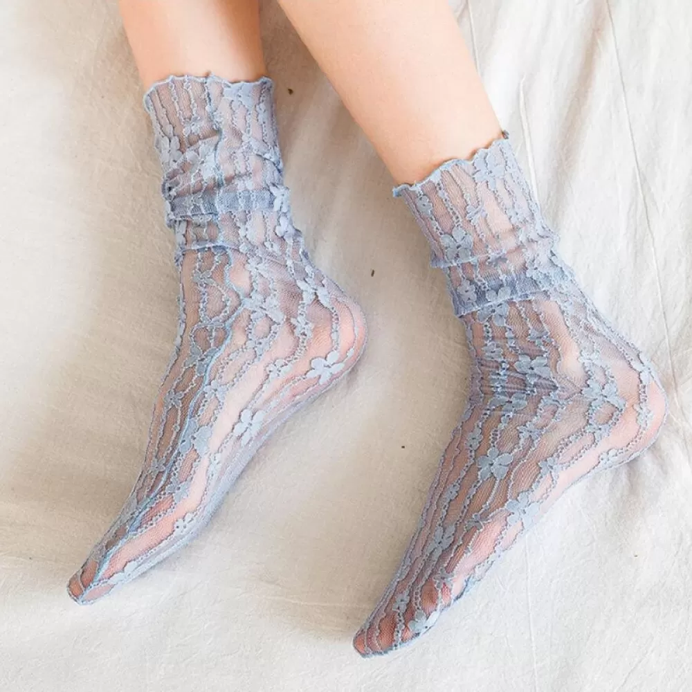 Elegant Lace Flower Crew Socks – Ultra-Thin, Transparent Harajuku Style - Blue