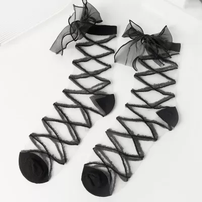 Elegant Organza Cross Lace Bow Socks – Japanese Lolita Style - Black stripped design 2