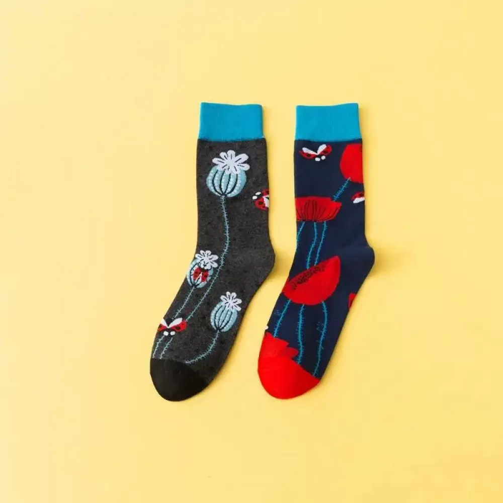 Feet Flower & Bird Pattern Mid-Tube Socks – Trendy Unisex Design - Art colorful design 6
