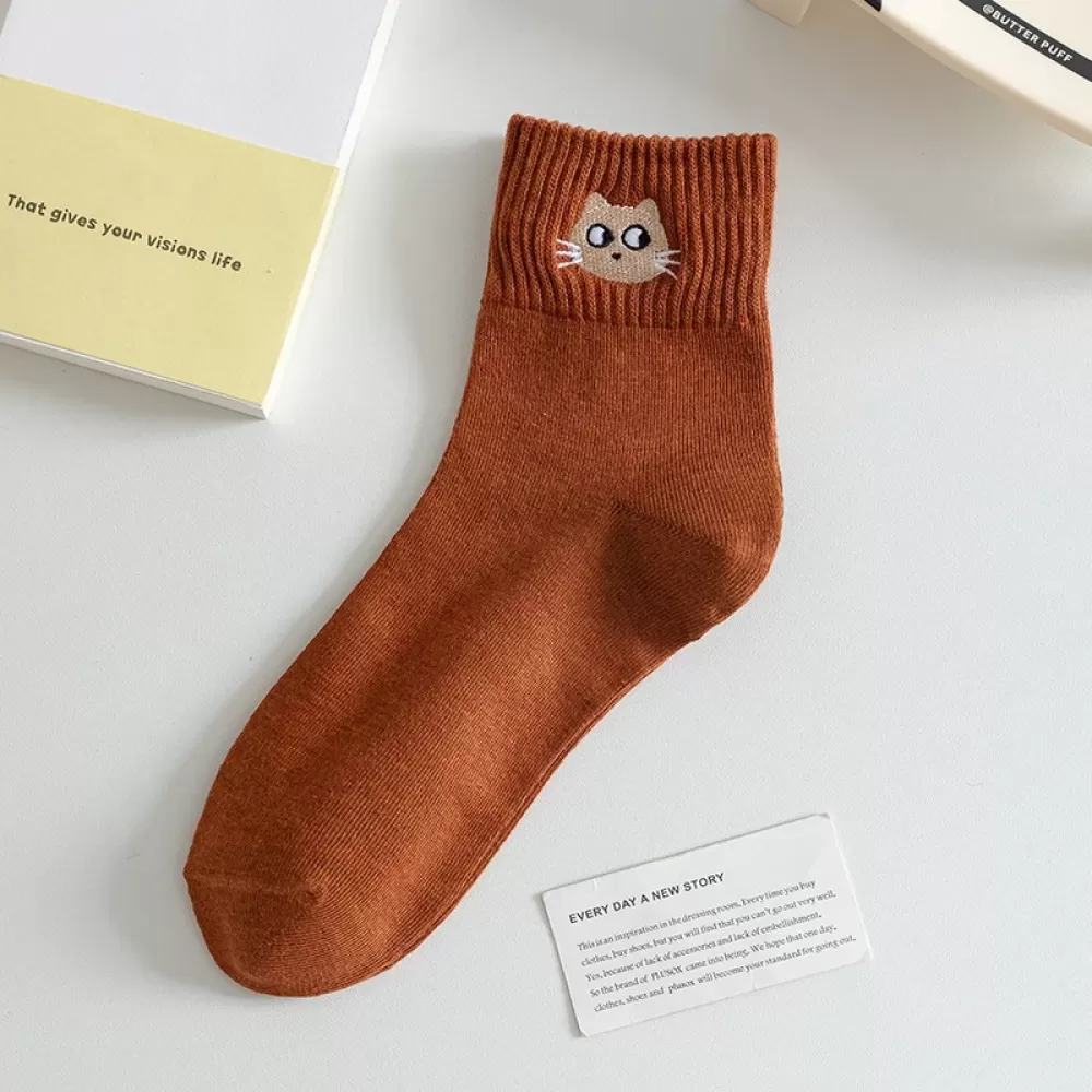 Fiery Feline: Red Cat Embroidery Socks