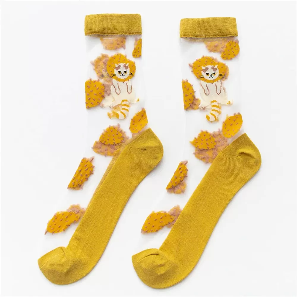 Harajuku Crystal Silk Socks – Sunflower & Fruit Cartoon Design - Yellow