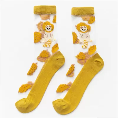 Harajuku Crystal Silk Socks – Sunflower & Fruit Cartoon Design - Yellow