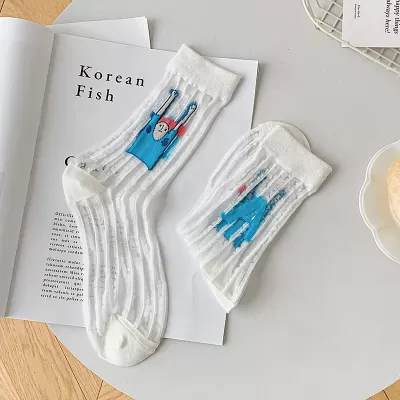 Japanese Harajuku Socks – Spring/Summer Chic Cartoon Character Embroidery Silk Socks - White