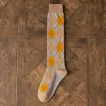 Kawaii Winter Christmas Lattice Socks – Cozy Thickened Cotton Medium Tube for Women - Khaki