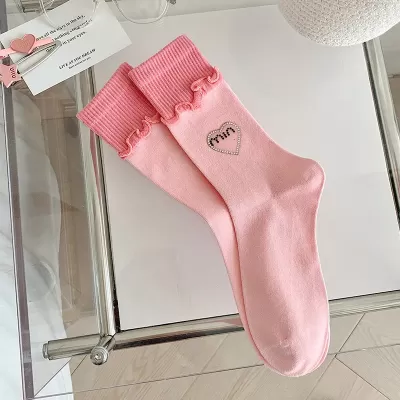 Luxury Rhinestone Heart Cotton Tube Socks – Designer European Style - Pink