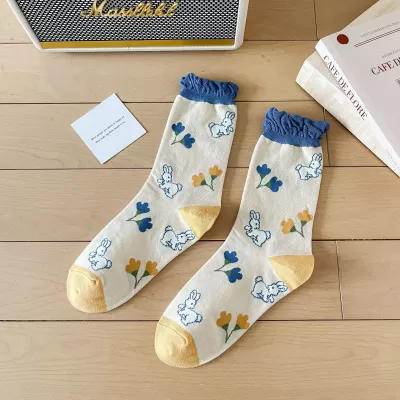 Retro Women’s Long Socks – Japanese Vintage Fashion with Floral Embroidery - Kawaii white design 2