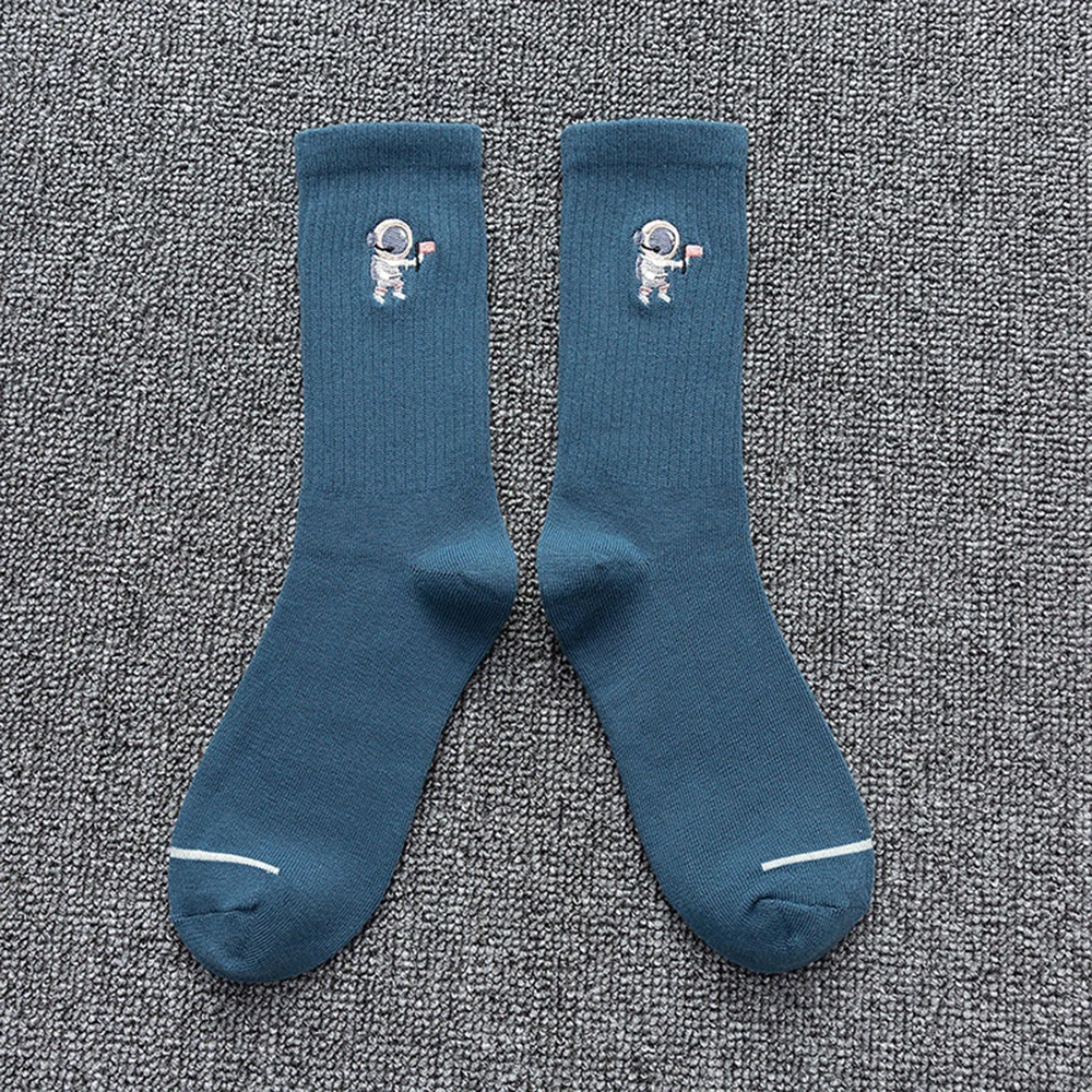 Stellar Embroidered Astronaut Socks – Unisex Cotton Comfort for Couples - Blue