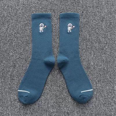 Stellar Embroidered Astronaut Socks – Unisex Cotton Comfort for Couples - Blue