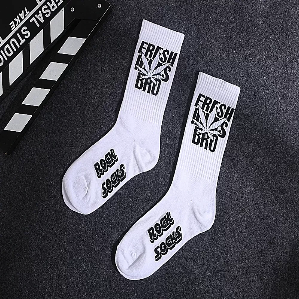 Urban Edge: Black & White Lettered Leaf Skateboard Socks - Hip hop design 27