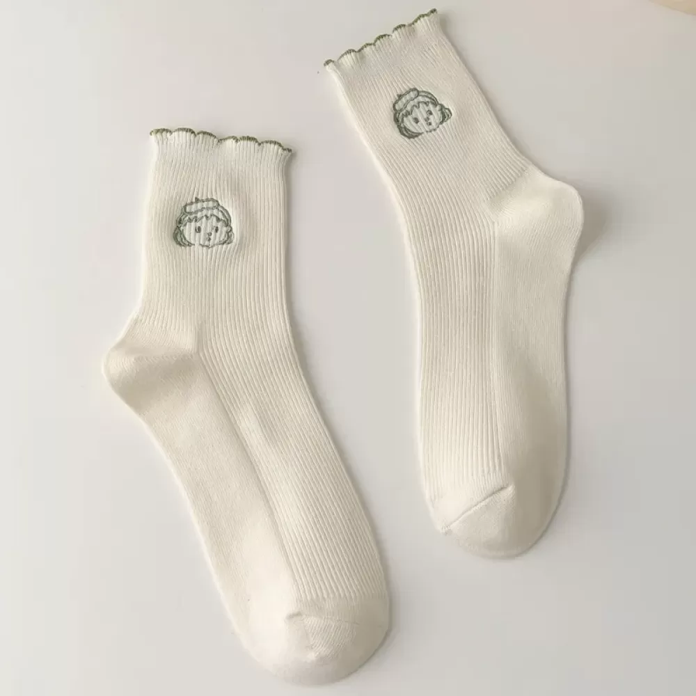 White Frilly Cartoon Avatar Embroidery Socks
