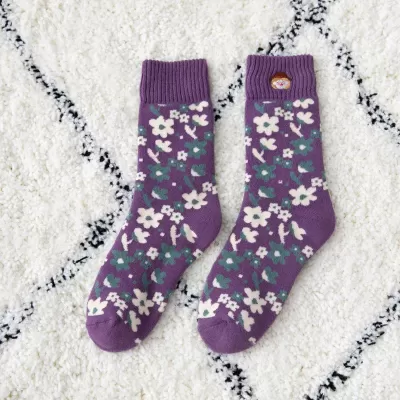 Autumn Winter Purple Embroidery Wool Socks – Thick and Warm Designer Style - Kawaii design 5