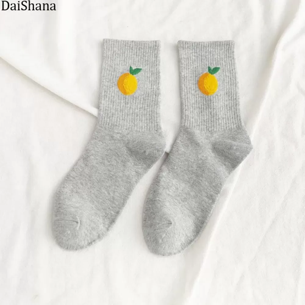 Avocado Joy: Playful Cartoon Fruit Socks for Women - Gray