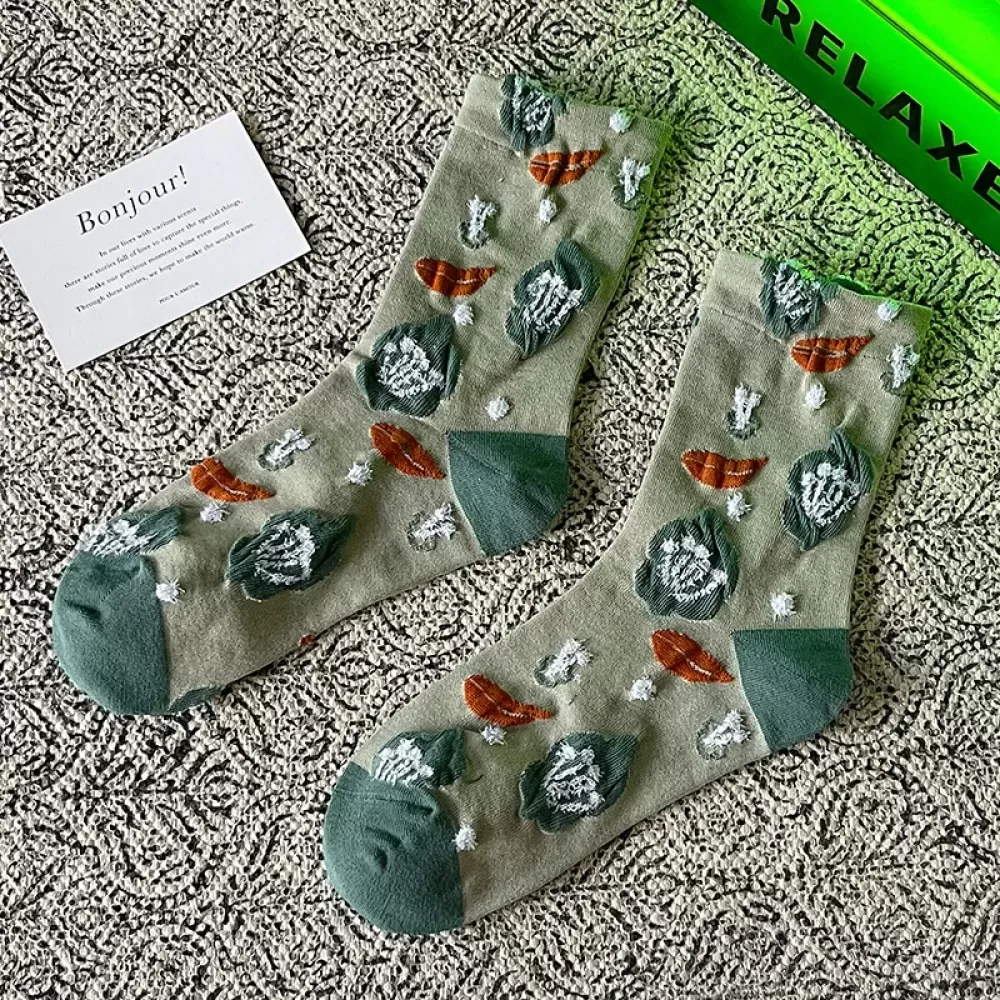 Botanical Elegance: Korean Cotton Floral Retro Socks for Women - Korean Socks design 2