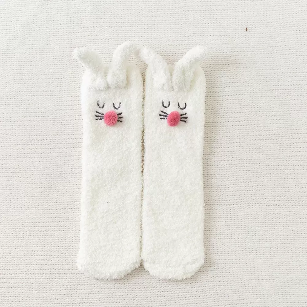 Cozy 3D Rabbit Ears Fuzzy Slipper Socks – Winter Warmth & Comfort - White