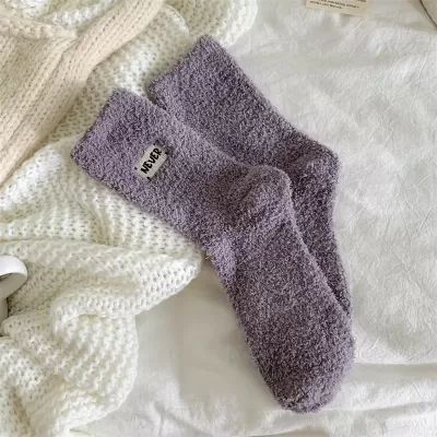 Cozy Winter Charm: Women’s Fuzzy Embroidery Socks – Warm and Kawaii - Purple