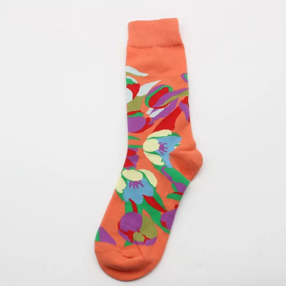 Desert Bloom: Whimsical Cactus Cartoon Socks - Orange multicolored flowers design