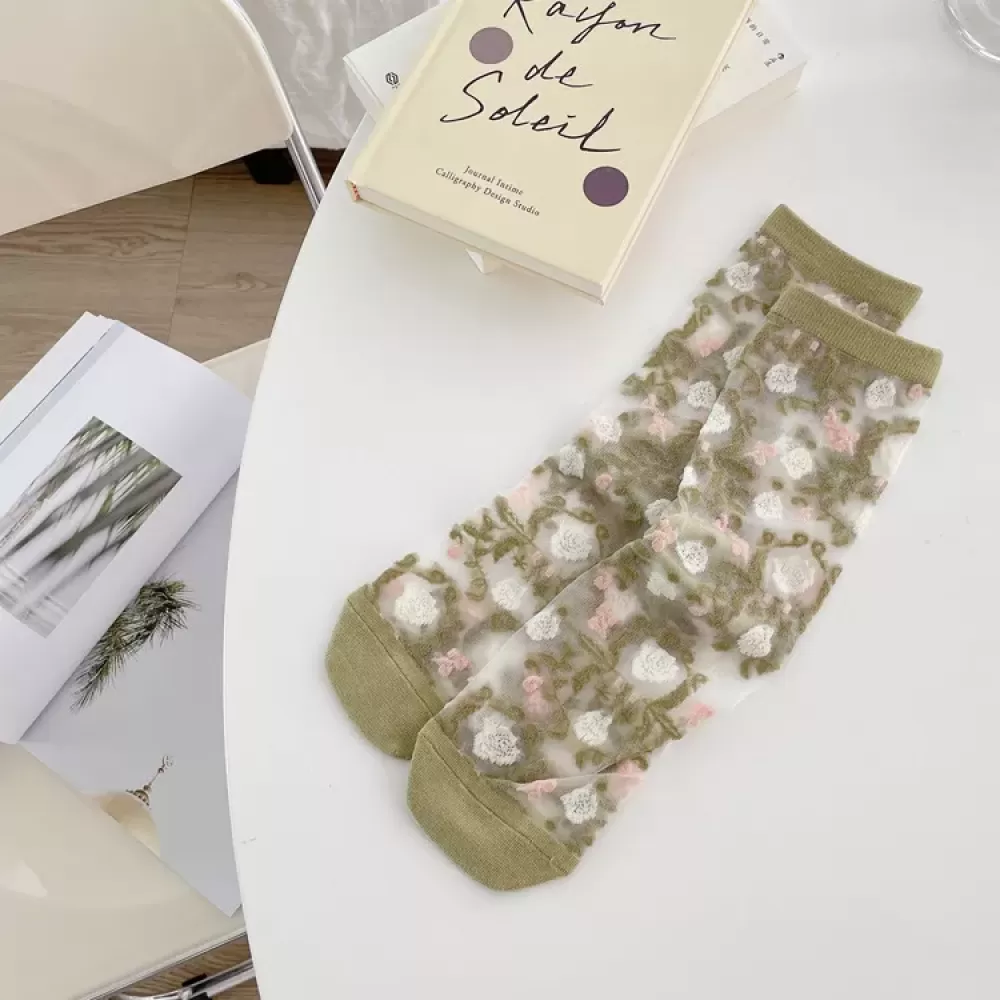 Elegant Japanese Summer Floral Crystal Silk Socks – Ultra-Thin & Sweet Mid-Tube Design - Kawaii sheer design 7