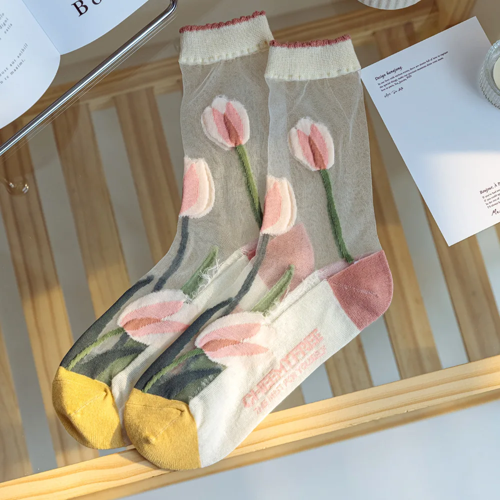 Elegant Summer JK Ultra-Thin Cotton Socks – Sheer Lace with Flower Painting - Kawaii cool design 3