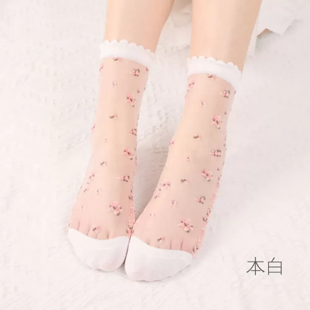 Elegant Ultra-Thin Transparent Lace Silk Socks – Summer Breathability with Crystal Rose Flower Design - White