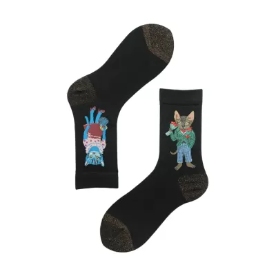 Enchanting Forest Fairy Tale Socks – Autumnal Jacquard Cotton Bliss - Animal cool design 19