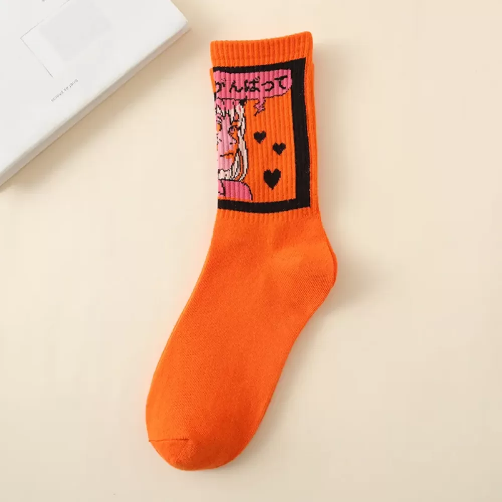 Japanese Ins Comics Tide Socks – Mid-Tube Skateboard Style Illustration for Women - Orange