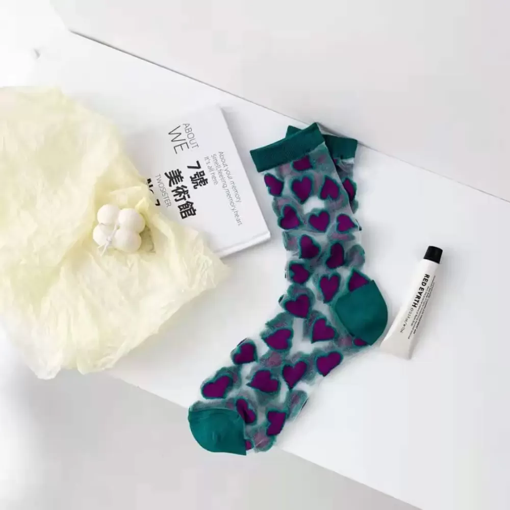 Japanese Style Sweet Crystal Glass Silk Socks – Ultra-Thin & Heart Print for Summer - Green