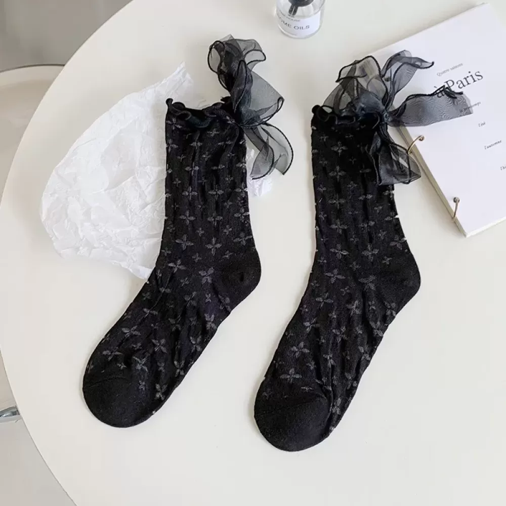 Lolita Hollow Thin Socks – Japanese JK Style with Heel Bow Accent - Black design 3