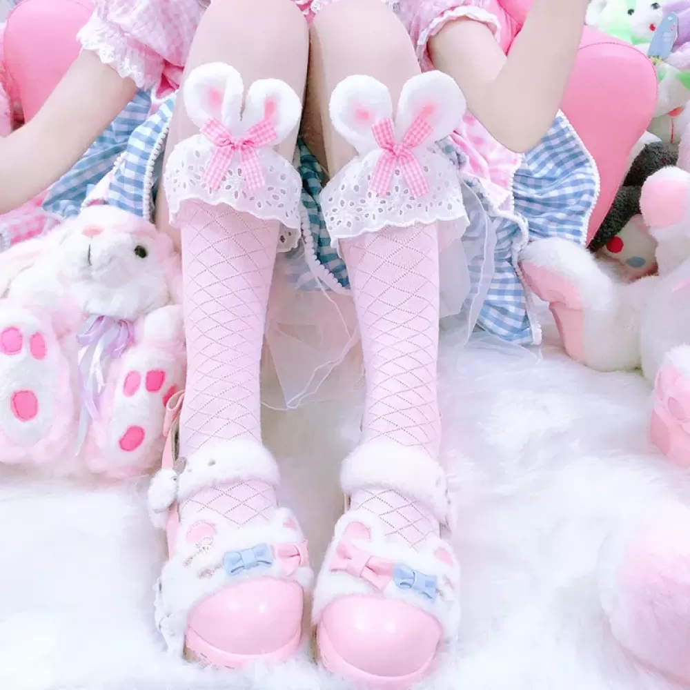 Lolita Rabbit Ears Bow Calf Socks – Cute Autumn & Winter Fashion - Pink design