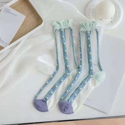 Summer Chic: Ultra-Thin Transparent Crystal Silk Socks – Harajuku-Inspired Retro Flower Design - Blue